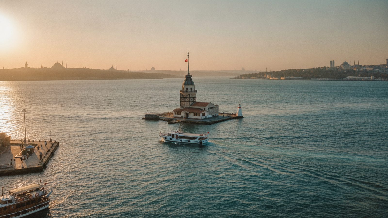 Small passenger boat crossing from the Üsküdar shore toward Maiden's Tower on calm Bosphorus water