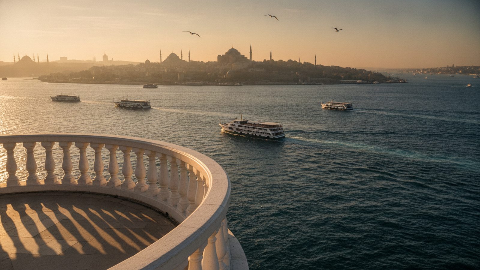View from the Maiden's Tower terrace back across the Bosphorus to the old-city skyline of Istanbul